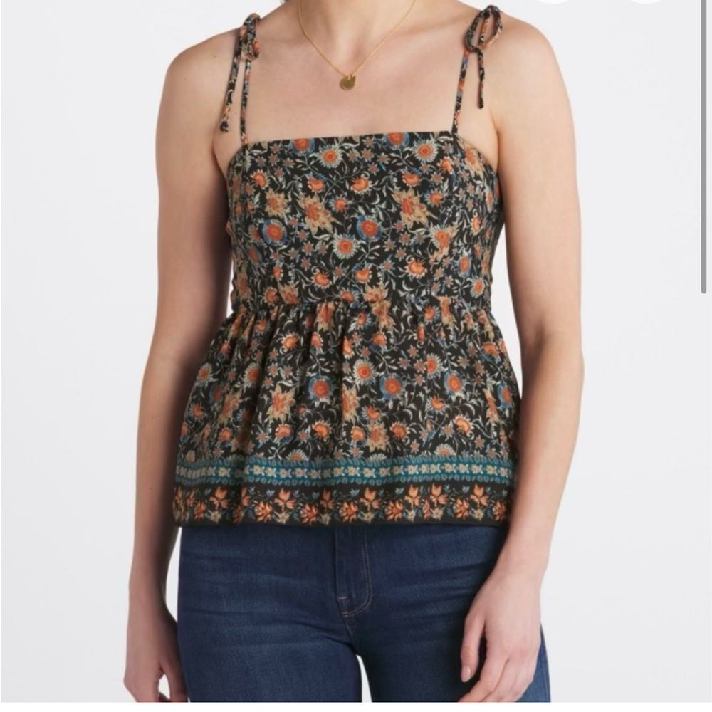 nine britton Black Floral Tie-Shoulder Peplum Tank with Teal Border